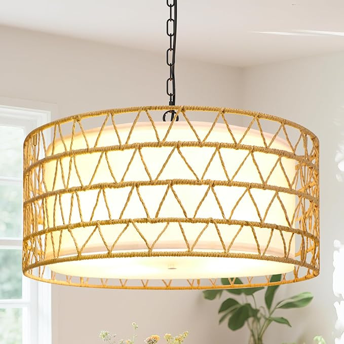 20" Rattan Chandelier Farmhouse Light Fixtures, 5-Light Boho Chandeliers for Dining Room, Fabric ... | Amazon (US)