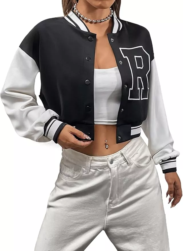 Xaspee Women's Casual Baseball Jacket Faux Leather Colorblock Button Crop Bomber Jacket