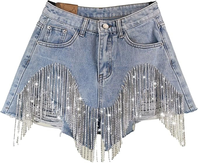 Xunger Women’s Rhinestone Fringe Jean Shorts High Waist Diamond Tassel Denim Shorts with Pocket... | Amazon (US)