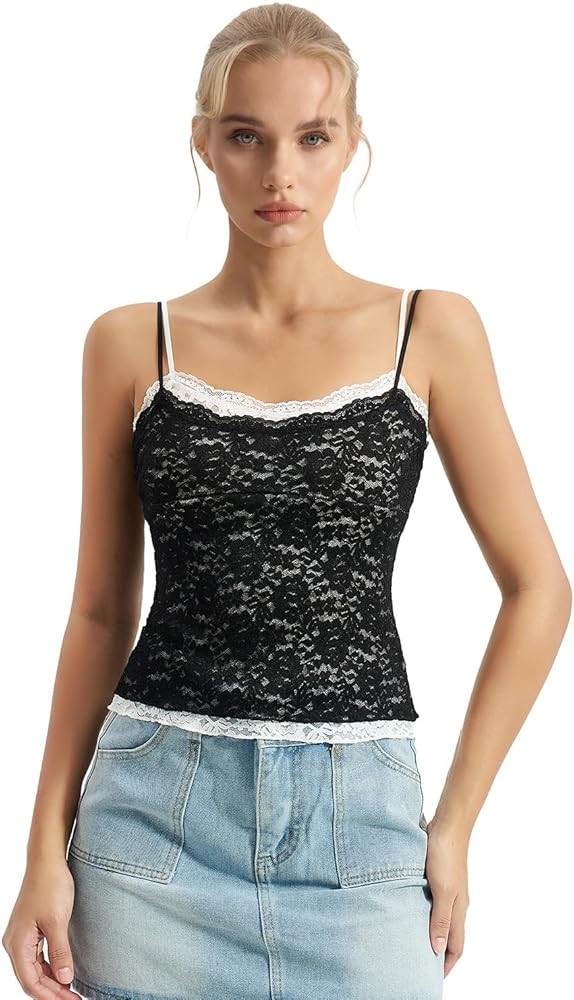 QINSEN Women's Double Layer Lace Camisole Tank Scoop Neck Summer Y2k Going Out Trendy Cami Shirt | Amazon (US)