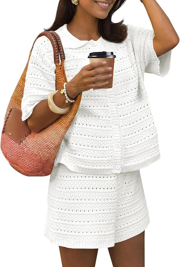 Fisoew Womens 2 Piece Crochet Swimsuit Cover Ups Button Cardigan Loose Knit Shorts Sets Summer Be... | Amazon (US)