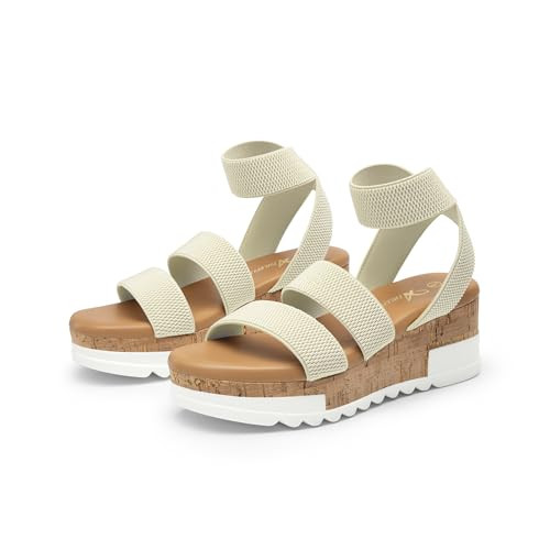 Athlefit Women's Platform Wedge Sandals Summer Casual Open Toe Elastic Ankle Strap Flatform Wedges Sandals Beige Size 9 | Amazon (US)