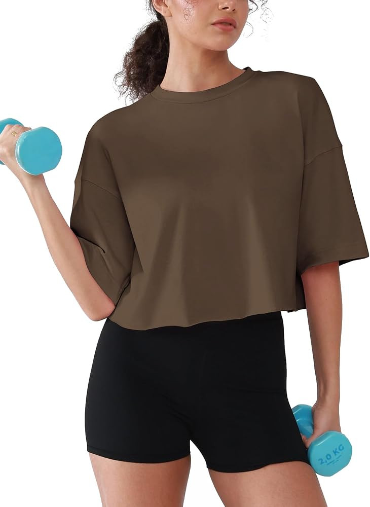 Short Sleeve Workout Crop Tops for Women Cotton Loose Fit Drop Shoulder Boxy T-Shirts Roll Hem Ba... | Amazon (US)