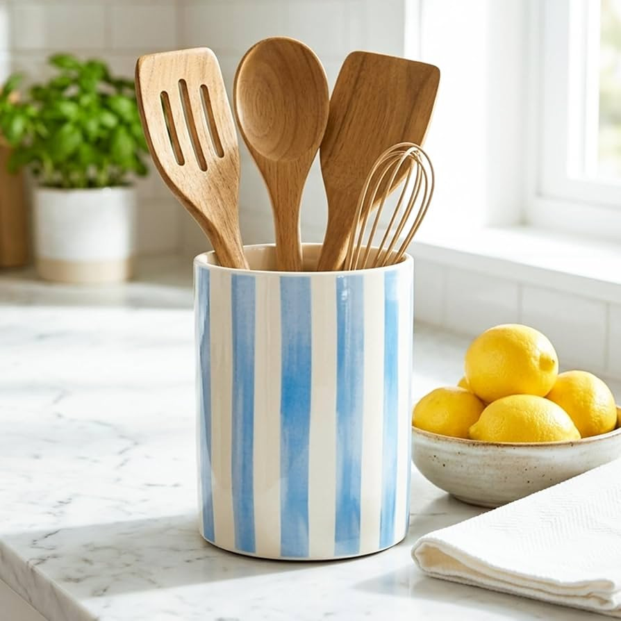 JarThenaAMCS Blue White Stripe Ceramic Utensil Holder Utensil Crock for Home Kitchen Countertop S... | Amazon (US)