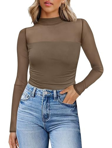 Sheer Long Sleeve Lace Tops for Women Sexy Mock Turtleneck Winter Clothing Mesh Work Shirts Dressy Casual School Outfits for Teachers F-Brown | Amazon (US)