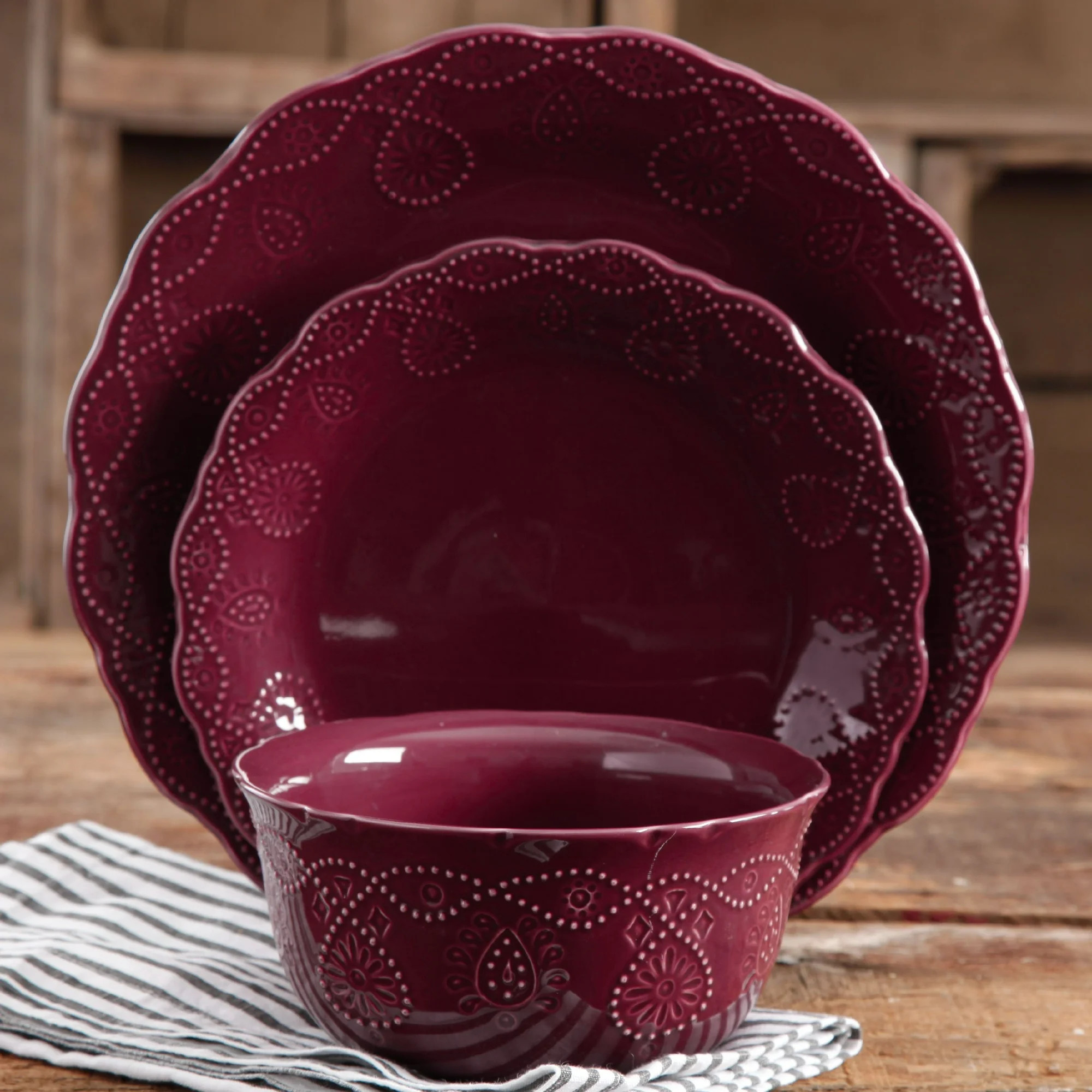 The Pioneer Woman Lace 12-Piece Dinnerware Set, Plum | Walmart (US)