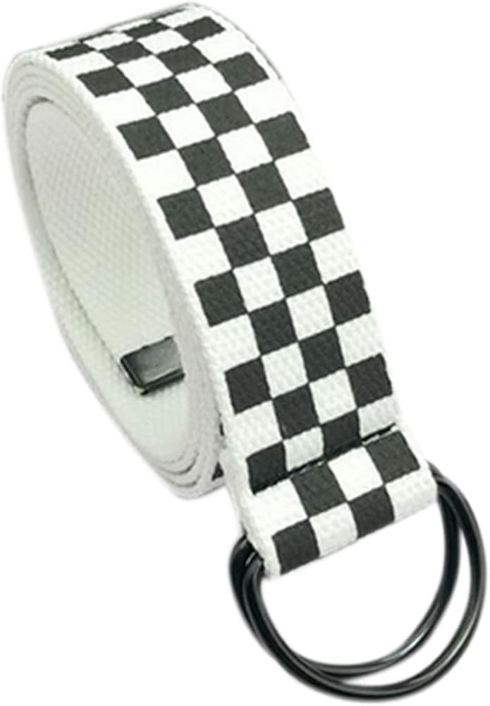 AIBEARTY Canvas Web Double D Ring Plaid Belt Silver Buckle Long Waistband for Women Men Teens | Amazon (US)
