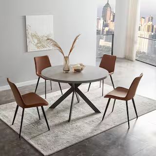 GOJANE 5-Piece Brown Chairs and Round Gray Dining Table, Dining Table Set with Matching 4 PU Chai... | The Home Depot