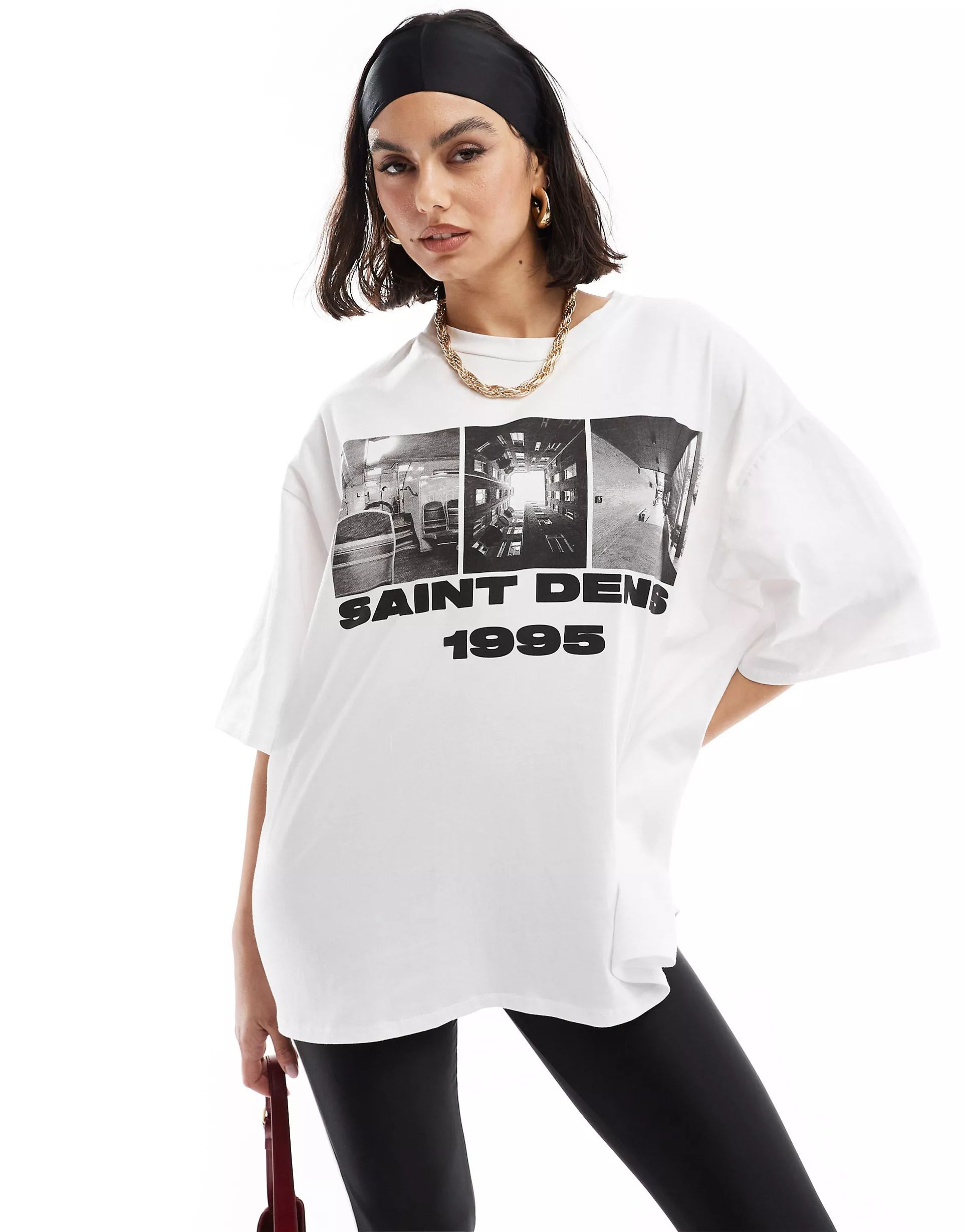 ASOS DESIGN oversized t-shirt with saint denis 1995 graphic in white | ASOS (Global)