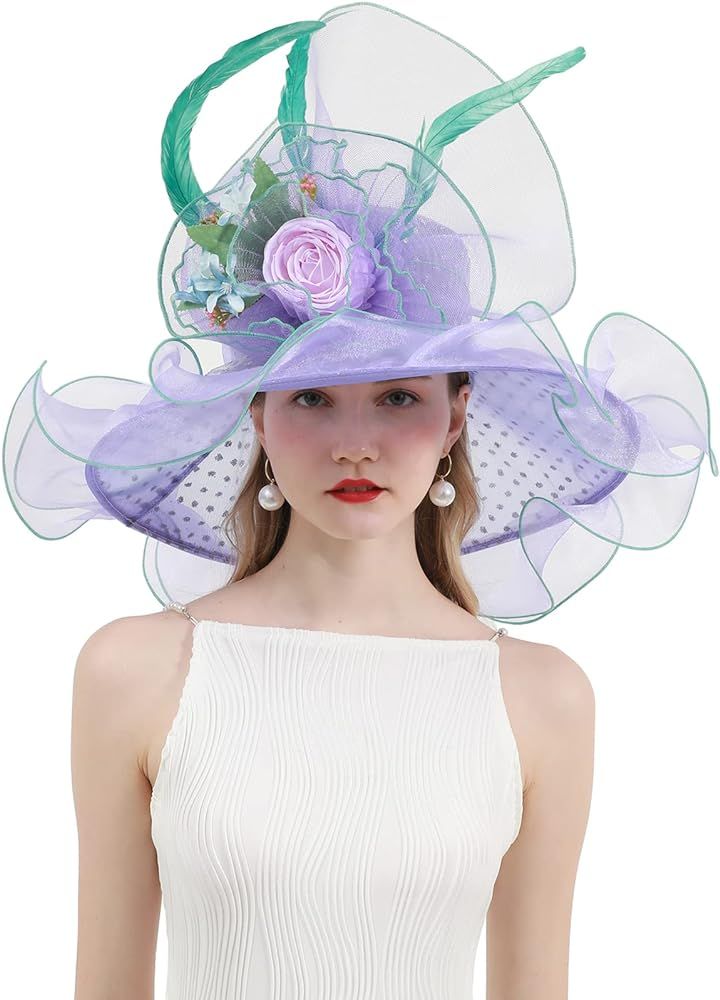 RZTA Women's Kentucky Derby Church Dress Hat Wide Brim Leaf Flower Bridal Shower Hat | Amazon (US)