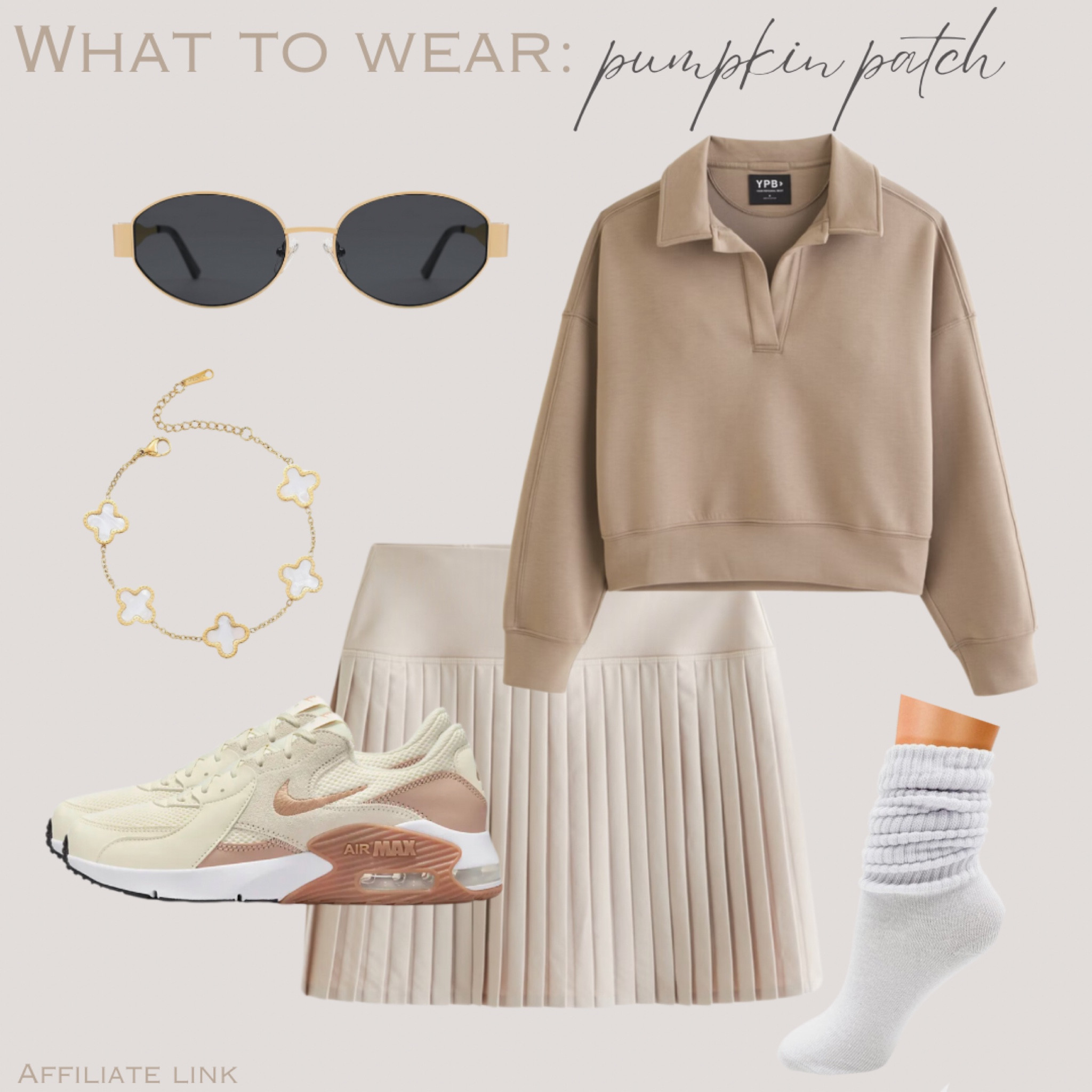 What to wear: pumpkin patch 🎃


Pleated skirt, polo sweatshirt, scrunch socks, nude sneakers, beige Nike sneakers, gold clover bracelet, retro oval sunglasses 

#amazon #abercrombie #nike 

#LTKSeasonal #LTKStyleTip