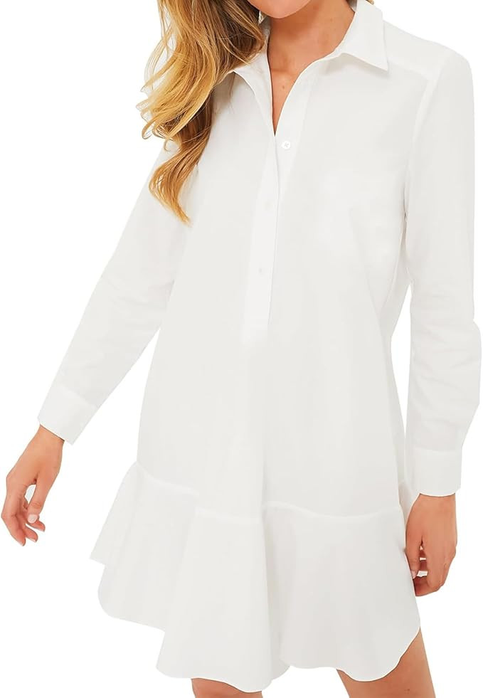 Women Summer Linen Long Sleeve Mini Shirt Dress,Button Ruffled Down Casual Dress,T-Shirt Dress wi... | Amazon (US)