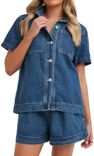 Kedera Summer Denim Set for Women 2 piece Casual Short Sleeve Boxy Shirt Tops and Shorts Pants Lo... | Amazon (US)