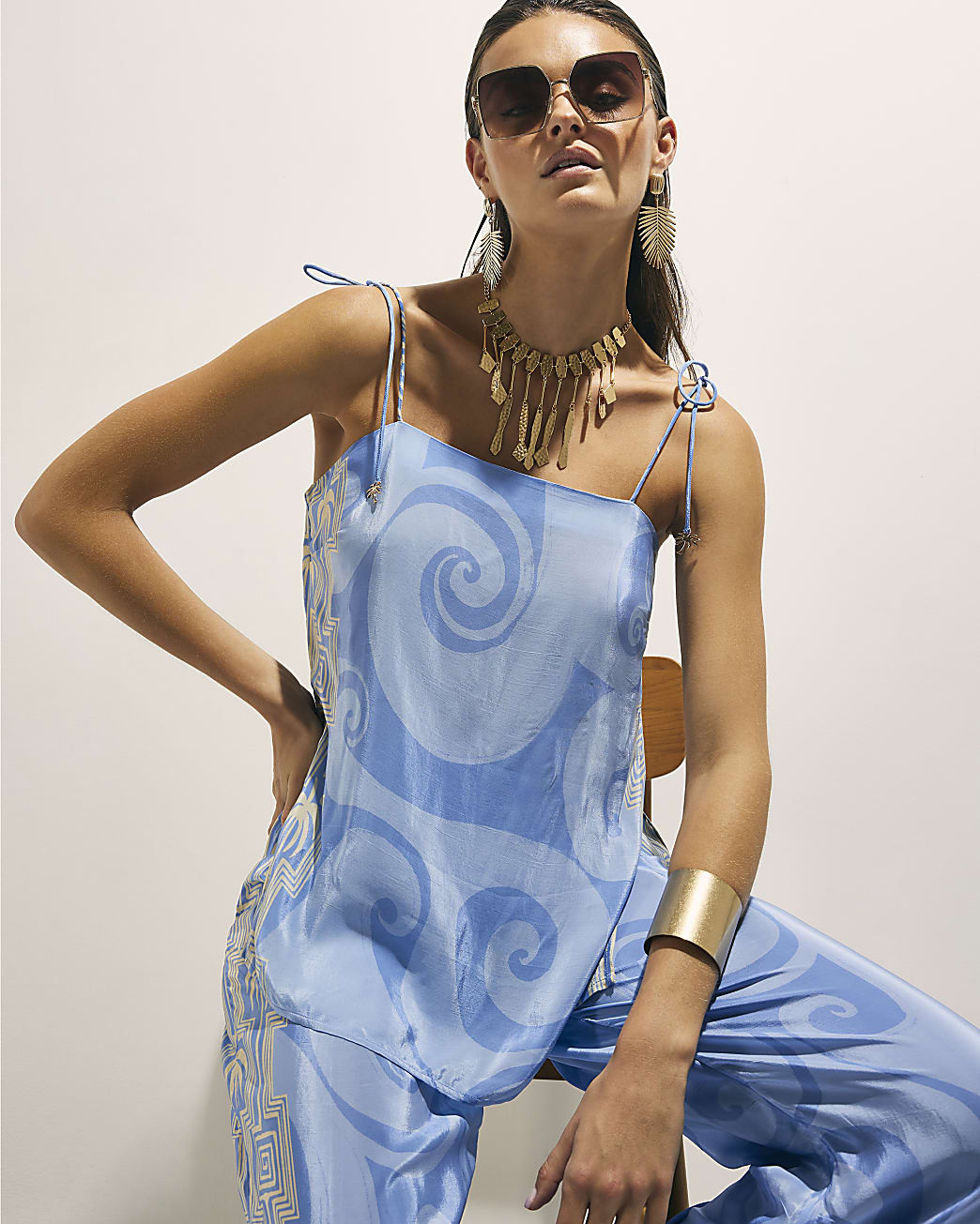 Blue Abstract Palm Print Cami Top | River Island UK & IE