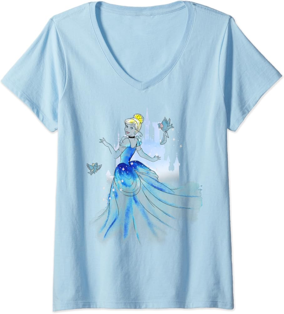 Womens Disney Cinderella Watercolor Twirling Portrait V-Neck T-Shirt | Amazon (US)