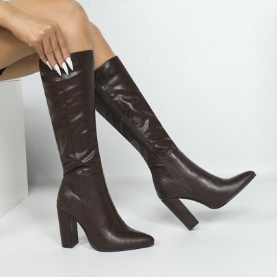 Brown Pointed Toe Knee High Boots, Thick Heel, Pull-On Closure, Slim Fit, Versatile Winter New Style Korean Version | SHEIN
