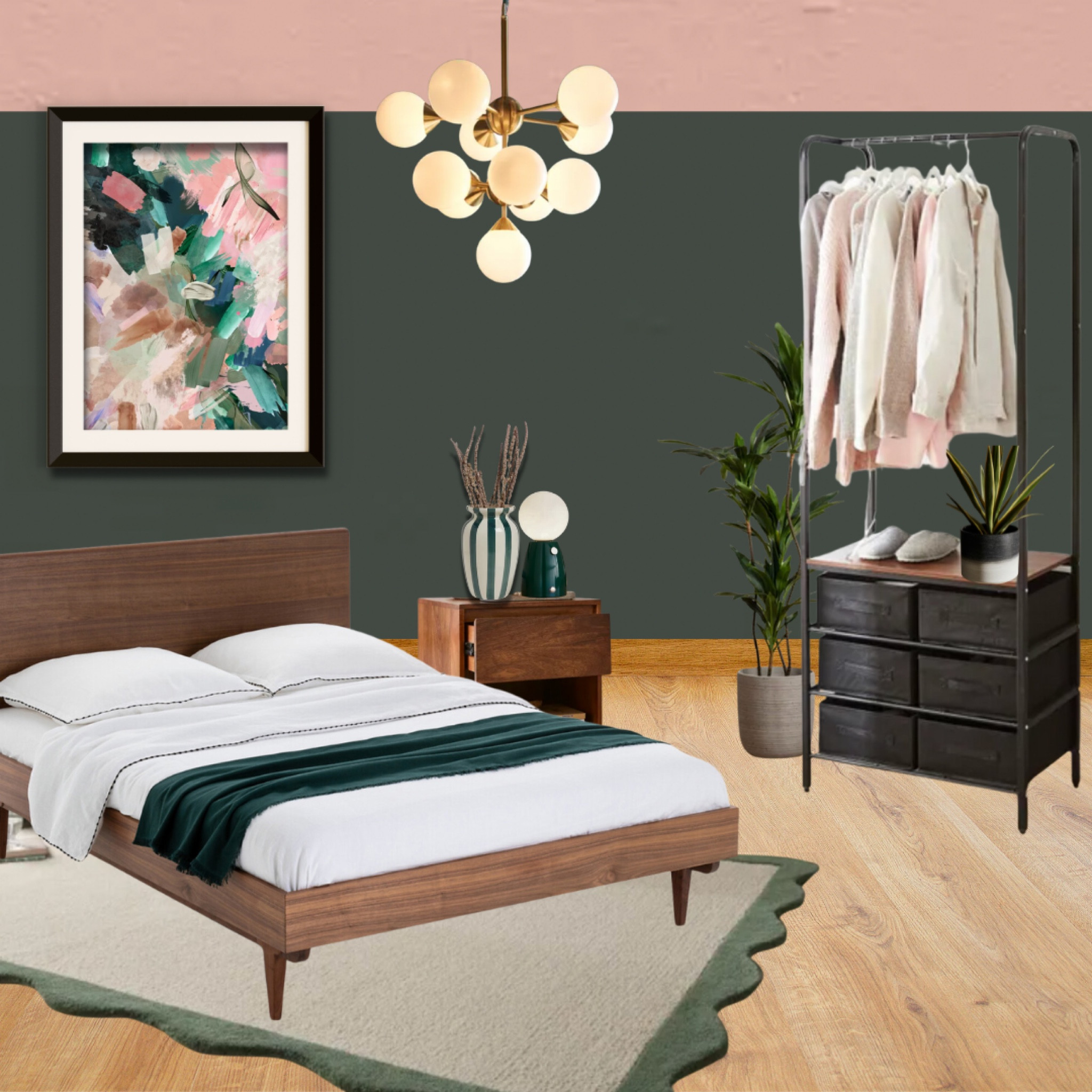 Dark green and dusky pink inspired bedroom decor. Artwork from Haus of Deco and paint colours are from Lick. Shop actual and recommended products below. 
Interior design | decor | colour palette inspiration 

#LTKeurope #LTKhome #LTKuk