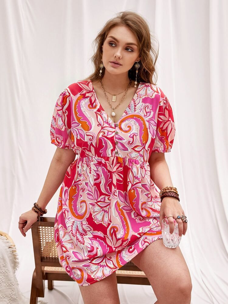 Rusttydustty Plus Floral & Paisley Print Puff Sleeve Dress | SHEIN