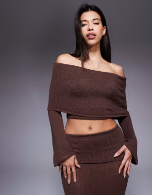 Wanderdoll Yasmin bardot boucle knit dramatic foldover flared sleeve top co-ord in dark chocolate | ASOS (Global)