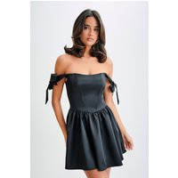 Rita Satin Mini Dress With Bow Sleeves - Black | MESHKI US