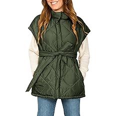 Jeanewpole1 Women's Padded Puffy Vest Stand Collar Sleeveless Zip Gilet with Belt | Amazon (US)