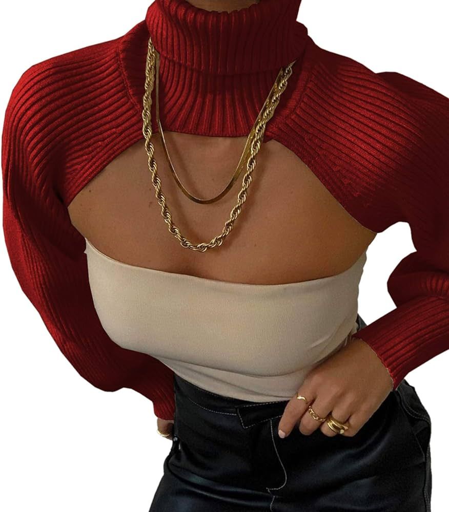Women's High Collar Long Puff Sleeve Sweater Knitwear Pullover Crop Top Ultra Short Cropped Sweater  | Amazon (US)