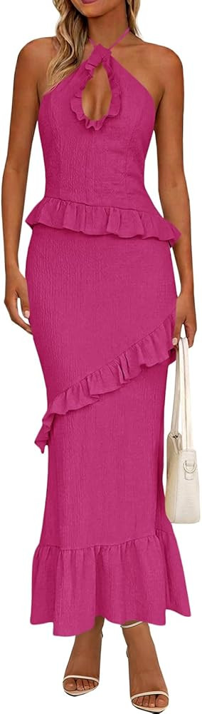 Wenrine Womens Summer Halter Maxi Dress Ruffle Tassel Cutout Backless Long Sleeveless Party Dress... | Amazon (US)