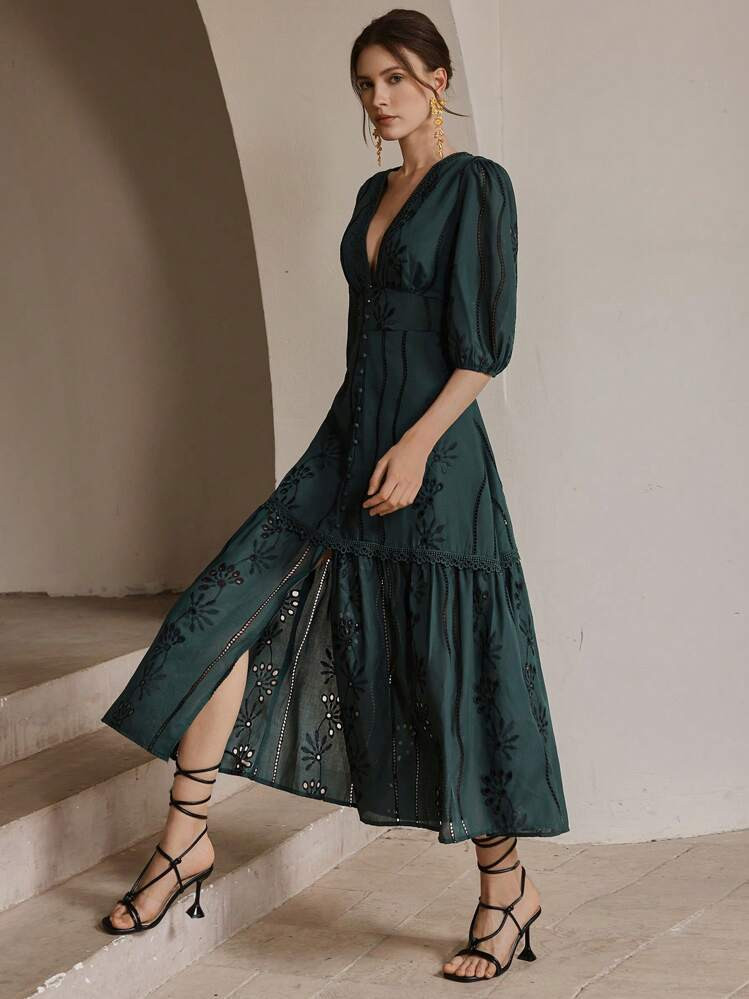 Anewsta V-Neck Slit Lace Embroidered Elegant Vacation Long Dress, Perfect For New Year, Valentine's Day, Summer Beach | SHEIN