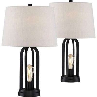 360 Lighting Modern Industrial Black Table Lamps Set of 2 with Nightlight LED USB Port Linen Shad... | Target