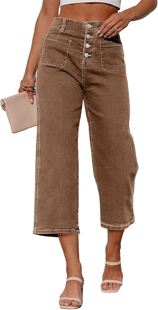 Sidefeel Women's Capri Pants Trendy Wide Leg Jeans High Waisted Stretchy Loose Cropped Denim Pant... | Amazon (US)