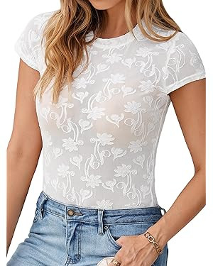 Glamaker Womens Mesh Cap Sleeve Tops Lace Burnout See Through Crew Neck Eyelet Shirts Party Flora... | Amazon (US)