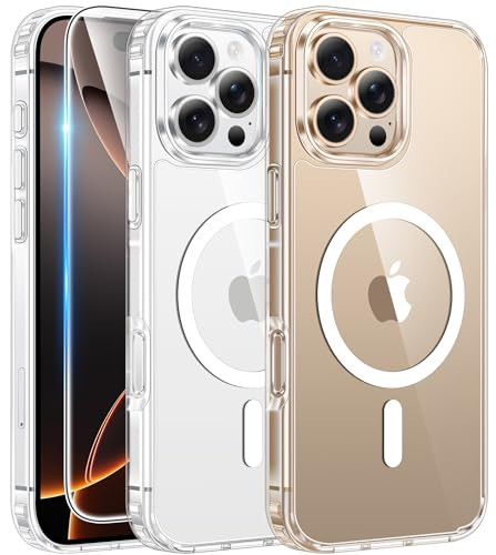 FNTCASE for iPhone 16 Pro-Max Case: Clear Magnetic Phone Cases with Screen Protector Compatible with Magsafe Slim Anti Yellowing Rugged Shockproof Protective Transparent Cell Cover (A-Clear) | Amazon (US)