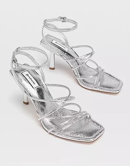 Stradivarius strappy heeled sandal with squared toe in silver | ASOS (Global)