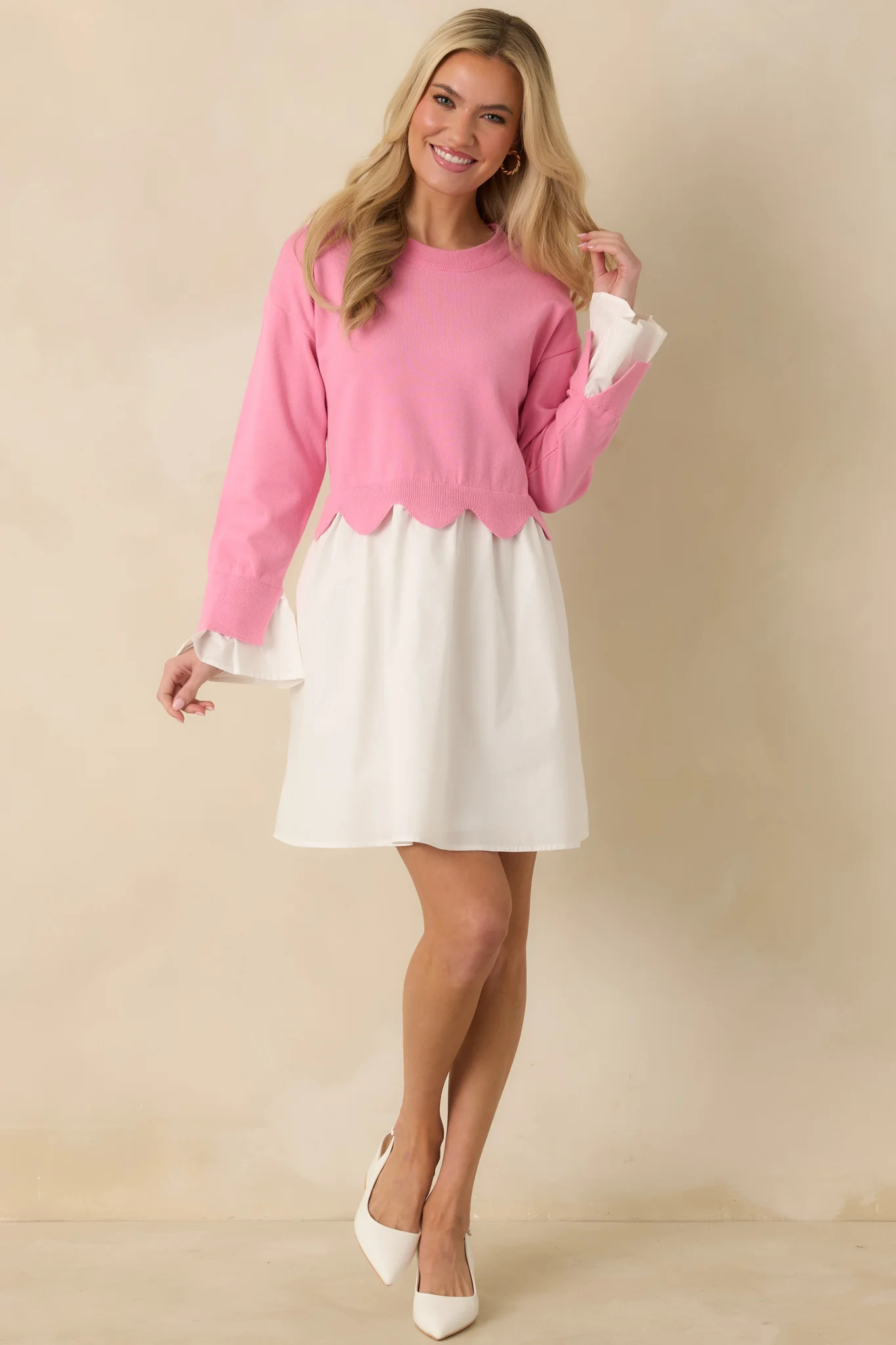Made to Charm Pink Scalloped Sweater Mini Dress | Red Dress
