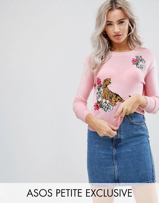 ASOS PETITE Tiger Jumper with Floral Embroidery | ASOS UK