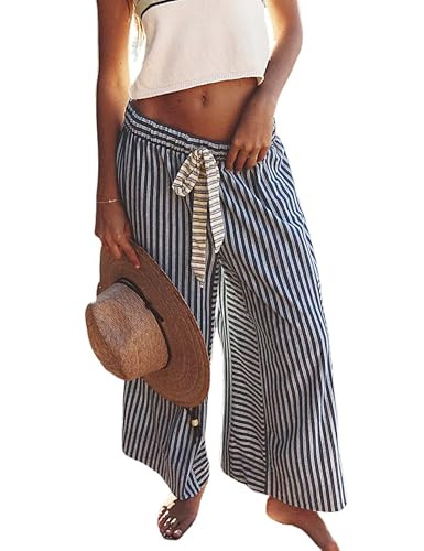 Bankeng Women Drawstring Striped Pants Loose Wide Leg Lounge Pants Casual Palazzo Pants Trousers ... | Amazon (US)