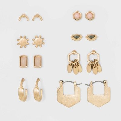 Semiprecious Howlite Stone and Geo Shape Multi Stud Earring Set 8ct - Universal Thread™ Gold | Target