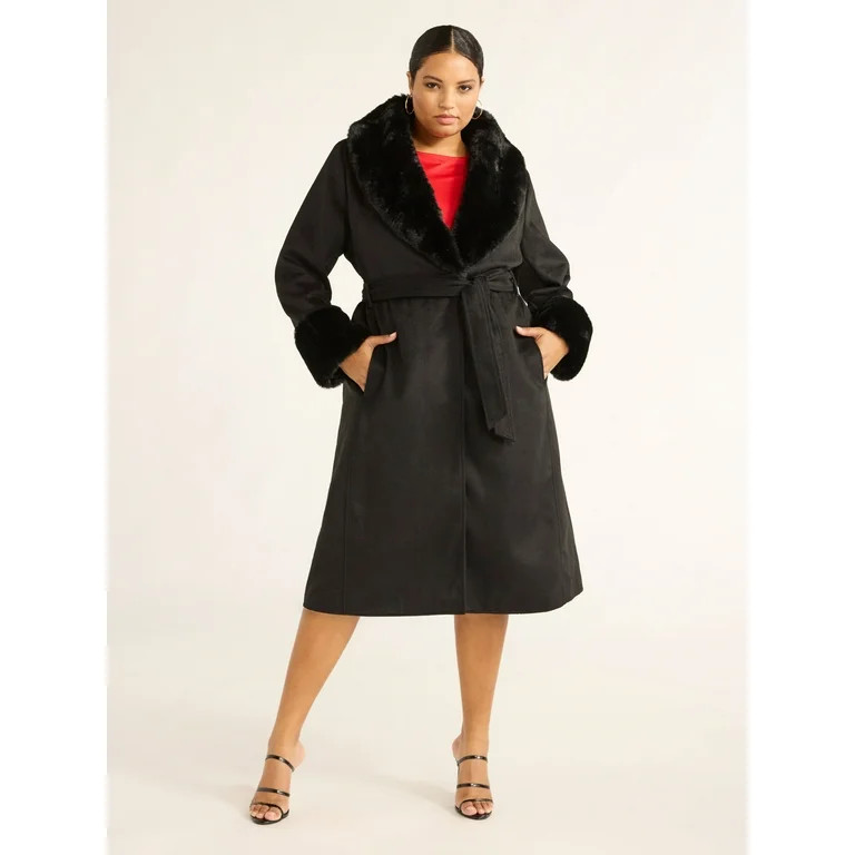 Sofia Jeans Women's and Women's Plus Faux Fur Trim Coat, Sizes XS-5X | Walmart (US)