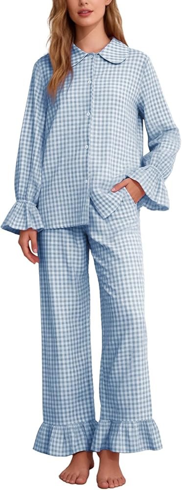 Flygo Womens Plaid Pajamas Set Cotton Pjs Sets Cute Ruffle Sleeve Babydoll Shirt Gingham Pants Ma... | Amazon (US)