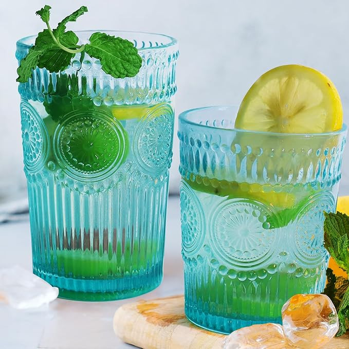 12pcs Vintage Drinking Glasses Set, 12 oz Highball Glasses & 9 oz Embossed Ribbed Glassware Cups ... | Amazon (US)