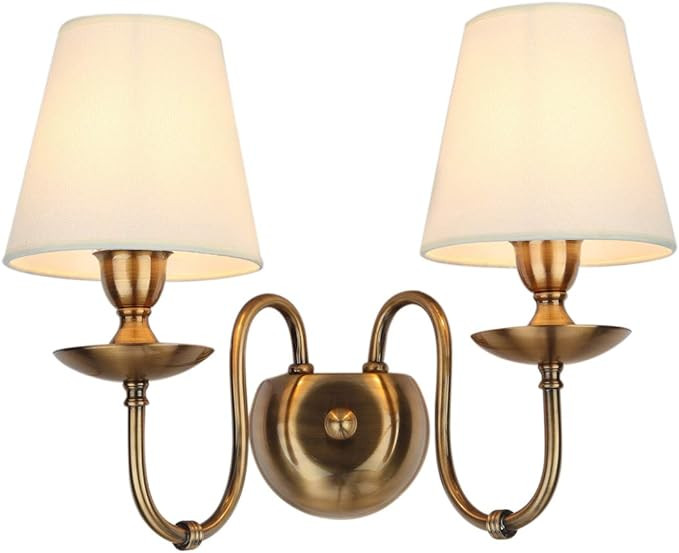 Aiwen 2-Light Bedroom Wall Lamps Polished Solid Brass Finish Wall Lights with White Flax Fabric S... | Amazon (US)