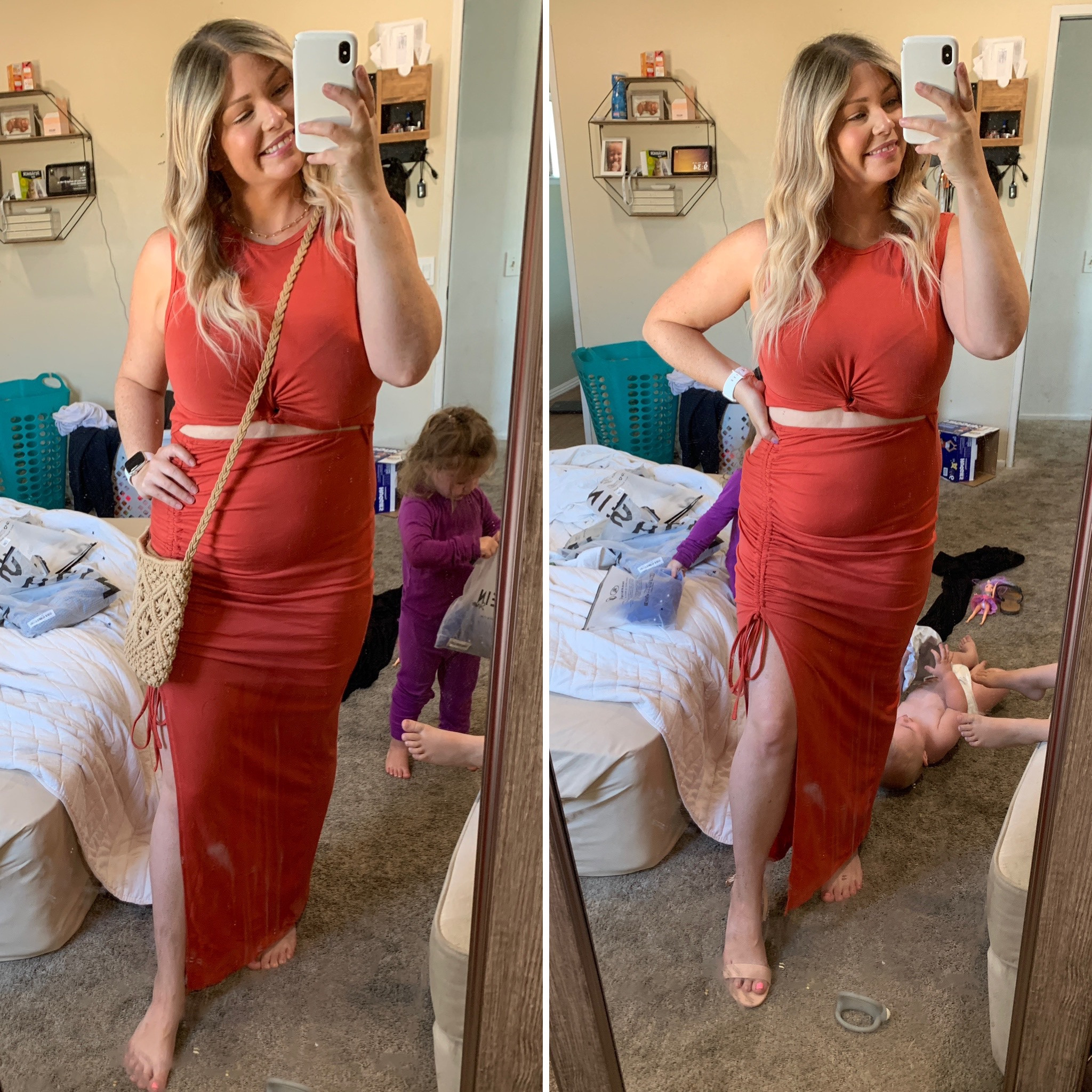 wearing color redwood in dress size large- fits true to size 
color nude in heels 