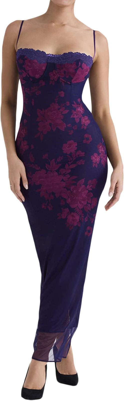 Tsnbre Women Floral Print Spaghetti Strap Maxi Dress Sexy Backless Bodycon Long Dress See Through... | Amazon (US)