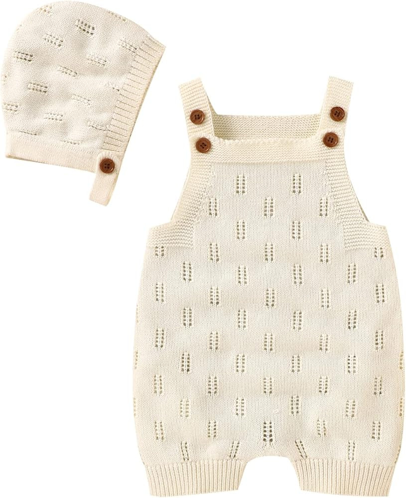 LAWKUL Baby Knit Romper Sleeveless 100% Cotton Jumpsuit with Hat Newborn Outfits Overall Bodysuit... | Amazon (US)
