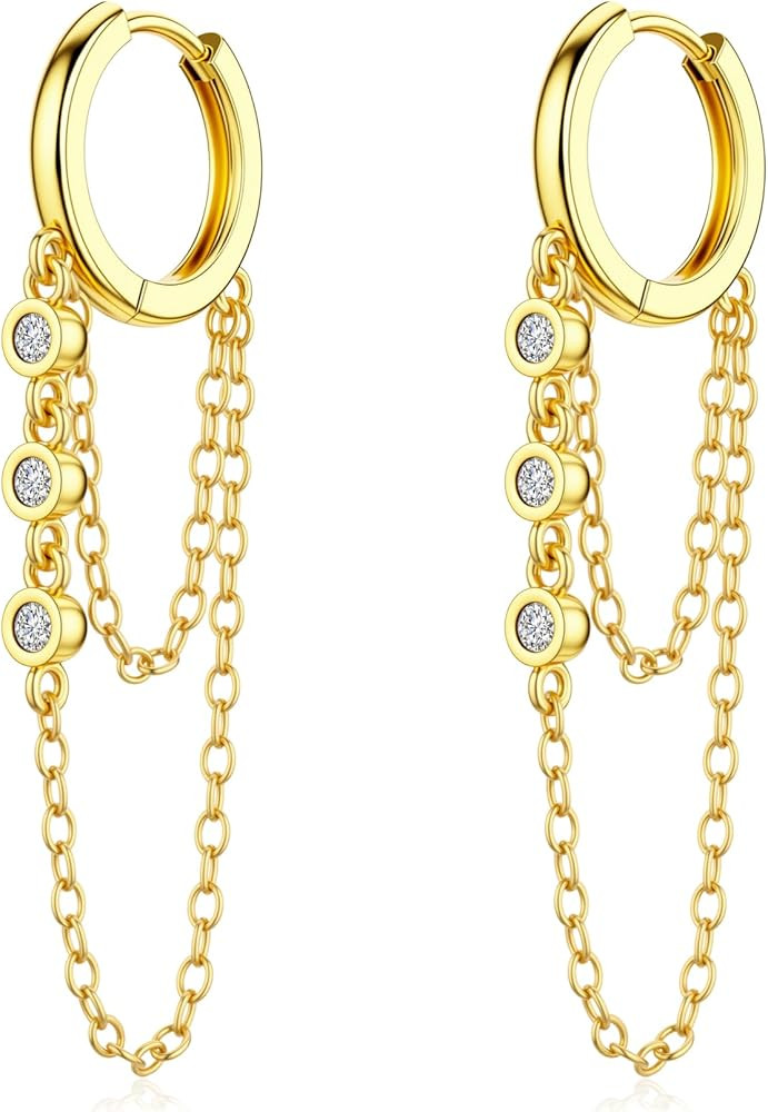 Tassel Chain Hoop Earrings for Women 14K Gold Plated Dainty CZ Small Huggie Hoops Hypoallergenic ... | Amazon (US)