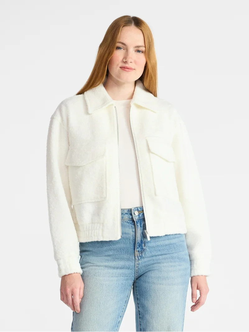 Time and Tru Women's Boucle Zip Bomber Jacket, Midweight, Sizes XS-XXXL | Walmart (US)