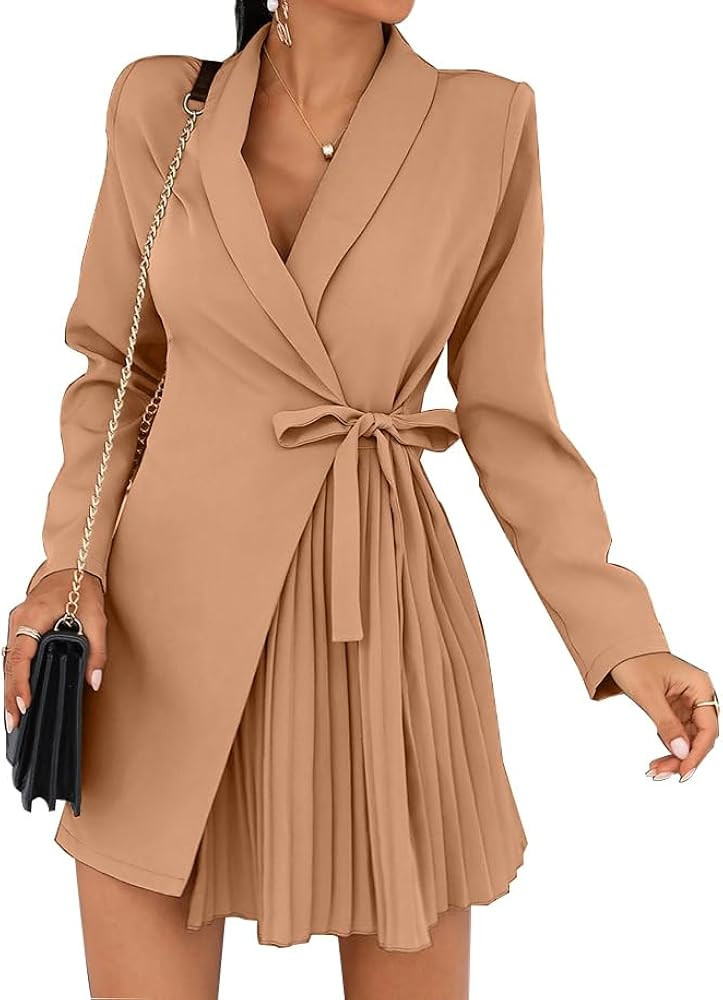 Women's Casual Long Sleeve Lapel V Neck Mini Wrap Dresses 2023 Belted Ruched Business Work Office... | Amazon (US)