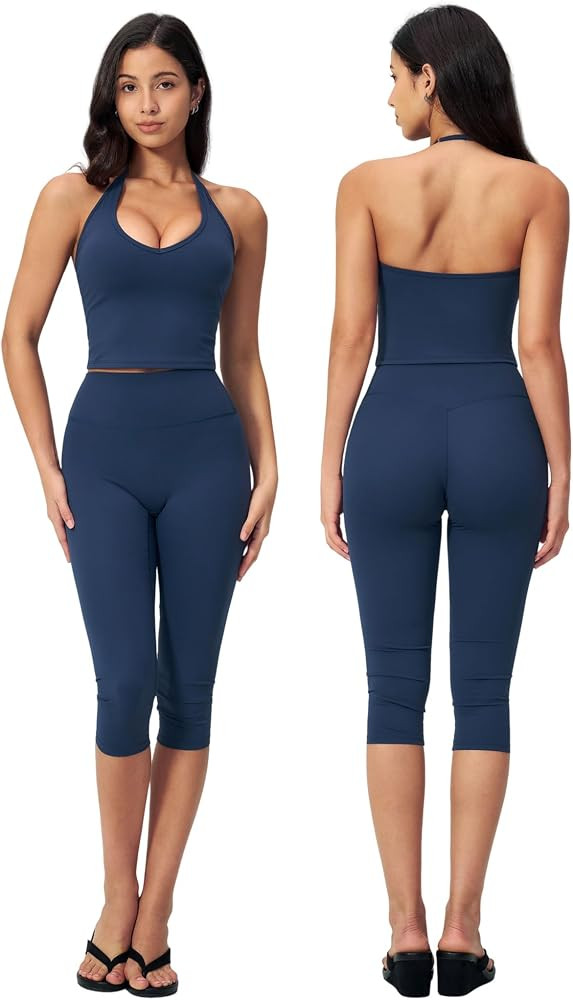 Women 2 Piece Workout Set V Neck Halter Tank Top and High Waist Capri Pants Yoga Pilates Outfits | Amazon (US)