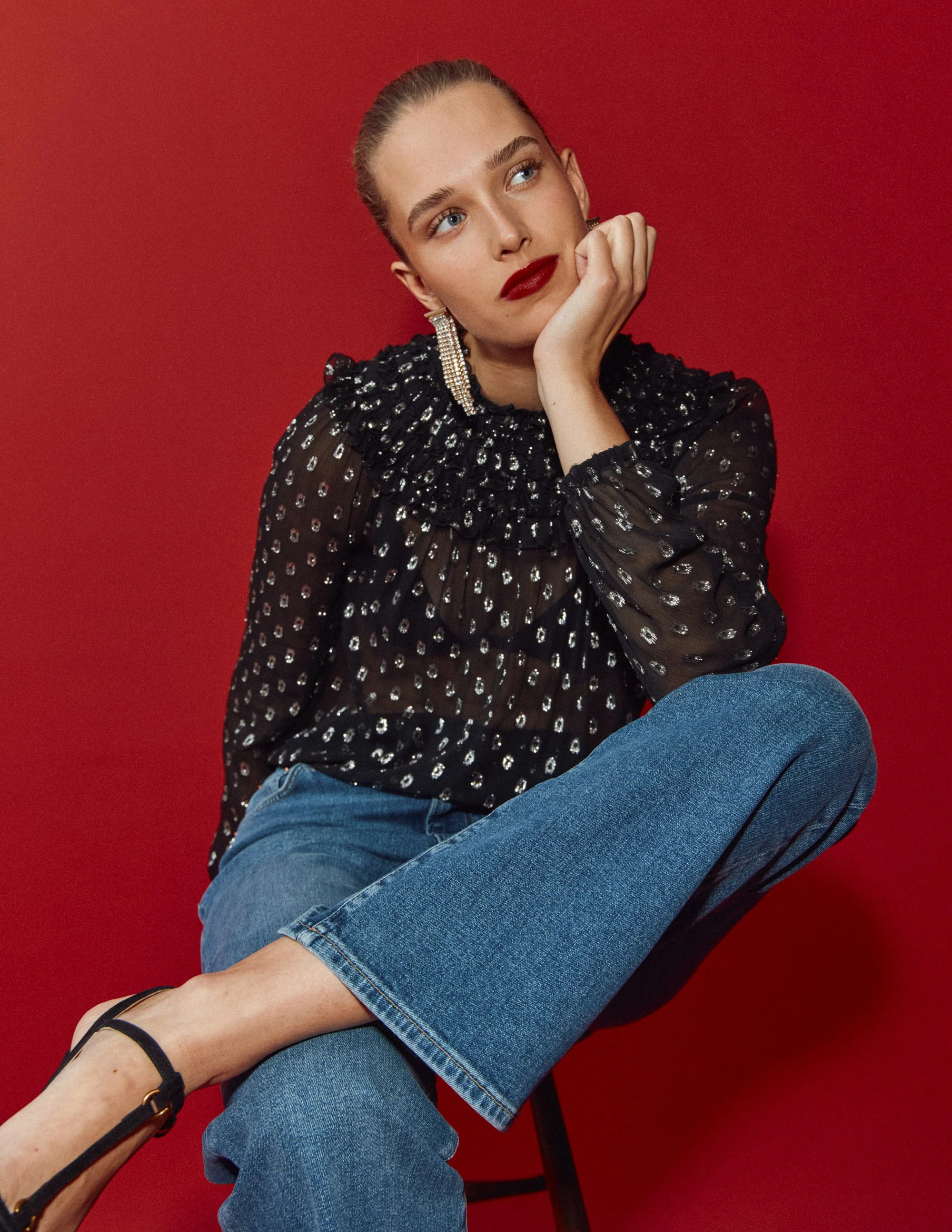 Metallic Ruffle Collar Top-Black, Lurex Clip | Boden UK