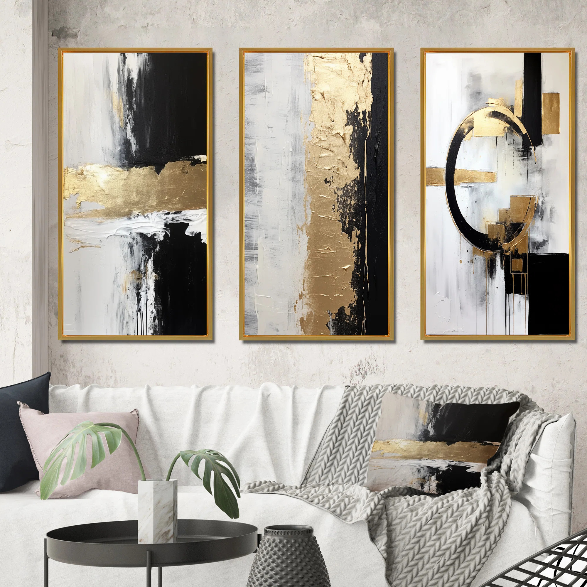 New Balance Dreams Abstract Gold and Black - modern 3 Piece Print Set abstract wall art set (Set ... | Wayfair North America